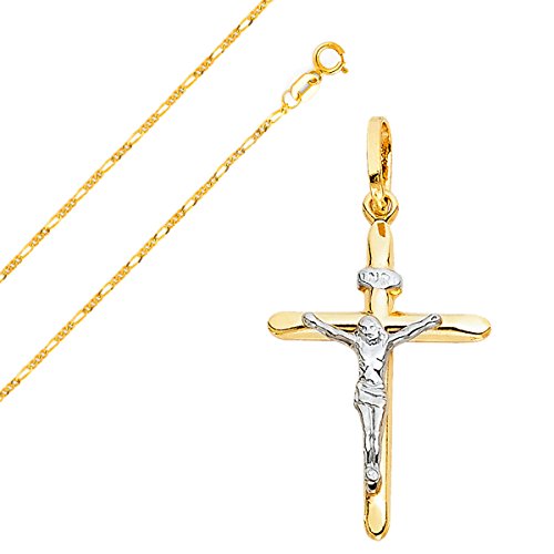 Solid 14K Gold Figaro Chain Two-Tone Cross Pendant Crucifix Necklace - Choose Chain Length And Width (14.0, Figaro Chain - 1.6 Mm) #TOP18
