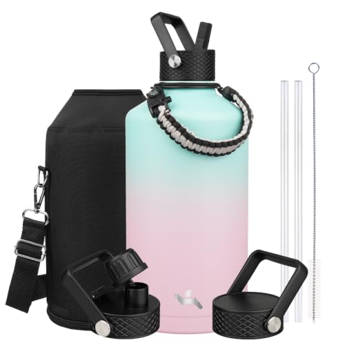 Image of Konokyo Gallon Insulated Water Bottle with Straw,128 oz 3 Lids Water Jug with Carrying Bag,Paracord Handle, Double Wall Vacuum Stainless Steel Metal Flask,Gum