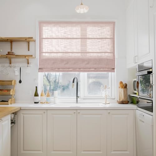 Image of TWOPAGES Liz No Drill Cordless Roman Shades Linen Textured Roman Blinds for Windows, Custom Made Room Darkening Blackout Roman Window Shades, Hardware Included, Pink Lemonade, 1 Piece