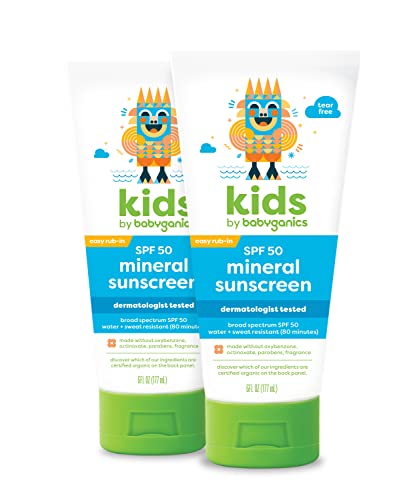 Image of Babyganics SPF 50 Kids Sunscreen Lotion | UVA UVB Protection | Octinoxate & Oxybenzone Free | Water & Sweat Resistant, 6 Fl Oz (Pack of 2)