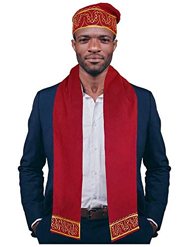 Red and Gold Embroidered African Hat and Sash/Scarf