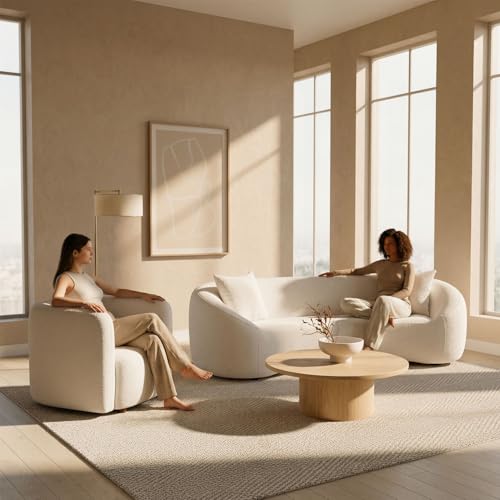 Image of Modern Sofa Set of 2 Piece Couch Set Upholstered Boucle Fabric 3-Seat Minimalist Curved Sofa and Oversized Sofas Chair Solid Wood Frame Tight Curved Back Cloud Couch and Chair Set for Living Room Home