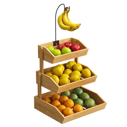 STDDRE Bamboo Fruit Basket With Banana Hanger Fruit Bowl Fruit