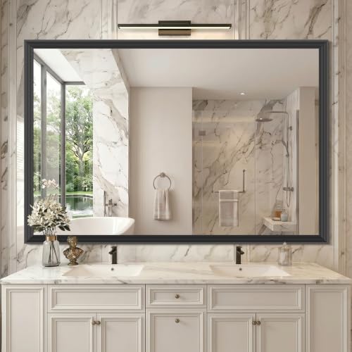 Image of DESBING Large Bathroom Mirror for Over Sink, 60 inch x 40 inch Black Rectangle Bathroom Mirrors for Double Vanity, Metal Ribbed Textured Framed Wall Mirror for Bathroom, Living Room, Bedroom,Dressing Room