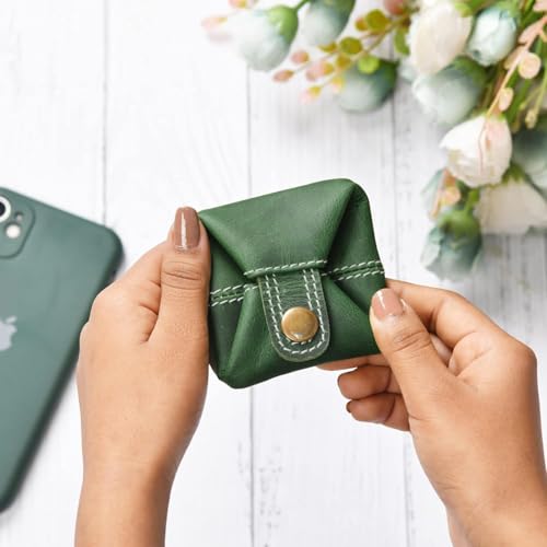 Image of Contacts Handcrafted Leather Coin Pouch - Compact Change Holder & Mini Wallet for Men & Women - Green