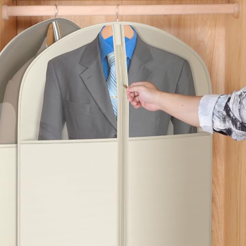 Image of Univivi Suit Bags for Closet Storage, 40 inch Garment Bags for Hanging Clothes, Garment Bag for Travel and Storage with Large Visible Window for Suit Coat, Jacket, Sweaters (Set of 6), Biege