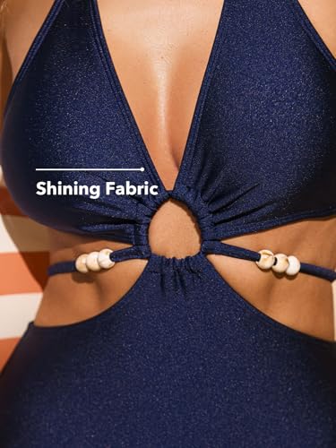 CUPSHE Women's One Piece Swimsuit Plunging Neck Halter Strappy Bathing Suit Cutouts Swimwear Shining4