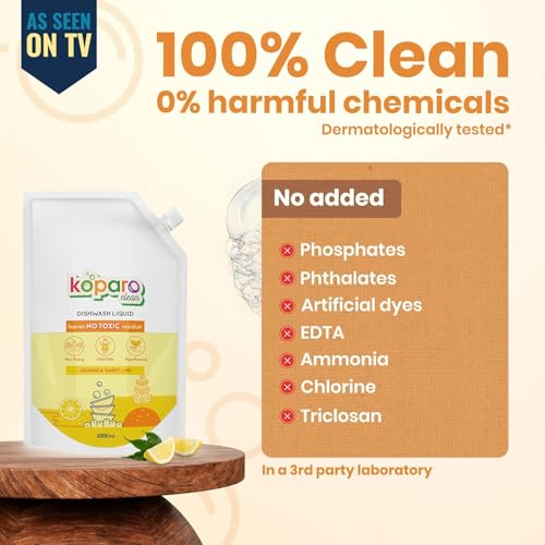 Image of Koparo Organic Dishwash Liquid | 2 Litres Refill Pack | Powerful Grease Cutting Dishwasher Liquid | Thick Foam Liquid Dishwash for Kitchen Utensils | Baby & Pet Safe | Orange & Sweet Lime Fragrance