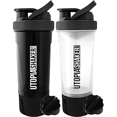 Utopia Home 2-Pack Shaker Bottle - 24 Ounce Protein Shaker Bottle for Pre & Post workout drinks - Classic Protein Mixer Shaker Bottle with Twist and Lock Protein Box Storage(All Black & Clear/Black) Cover