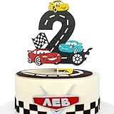 MEMOVAN Race Car 2nd Cake Topper Two Fast Cake Topper Racing Car Birthday Cake Decoration for Racing Car Checkered Flag Themed Girl Boy 2 Years Birthday Party Decoration Double Sided