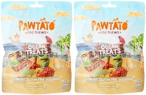 Pawtato Vegan Dog Chews Ocean Treats. Natural rawhide alternative vegan dog treats. Low fat, plant based, hypoallergenic, sweet potato, grain-free chews, Medium 140g (Pack of 2)