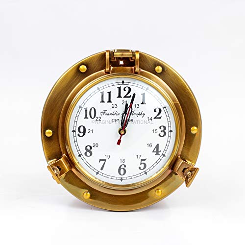 Nagina International 9" Antique Brass Premium Nautical Wall Decor Vintage Time's Clock | Pirate's Porthole Decorative Clock (Franklin & Murphy's Vintage Dial) #TOP3