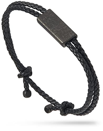 Forge & Foundry Men's Adjustable Black Braided Leather Bracelet | "Drapers" | Matte Black Stainless Steel Slider | Refined Hand-Crafted Jewelry, Designed By Jewelers, Forged For Men (Black Clasp - Etched Design) #TOP11