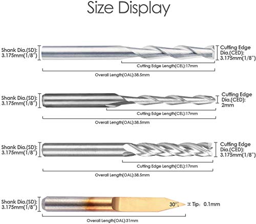 40Pcs End Mill Combination Kit Set 1/8" Shank CNC Router Bits Cutter Cutting Milling Tool (4 Type, Each 10Pcs) Flat Nose/Ball Nose End Mill 30° V-Shape Engraving Bits 4 Flutes End Mill