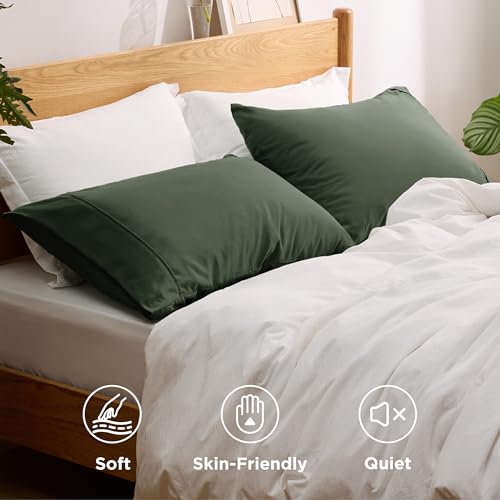 Bedsure Queen Pillow Cases Set of 2 - Olive Green Microfiber Pillowcase 2 Pack, Super Soft Double Brushed Pillow Case Covers with Envelope Closure, Wrinkle, Fade and Stain Resistant, 20x30 Inches