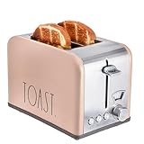 Rae Dunn Toaster, Stainless Steel 2 Slice Square Toaster, Wide Slot with 5 Browning Levels, with Bagel, Defrost and Cancel Options (Blush)