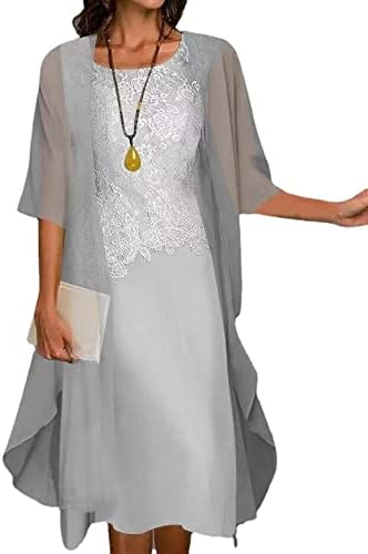 Womens Flowy Floral Dresses with Jacket 2 Piece Set 3/4 Sleeve Sheer Chiffon Summer Cocktail Wedding Guest Dress B-Grey