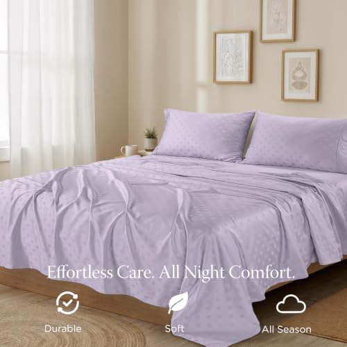 Image of Threadmill Cotton King Sheet Set, Sateen, Damask, Lilac, 4-Piece | 100% Cotton, Sateen Weave, Damask Pattern, 4-Piece Set, Breathable, All-Season, Lightweight, OEKO-TEX Certified