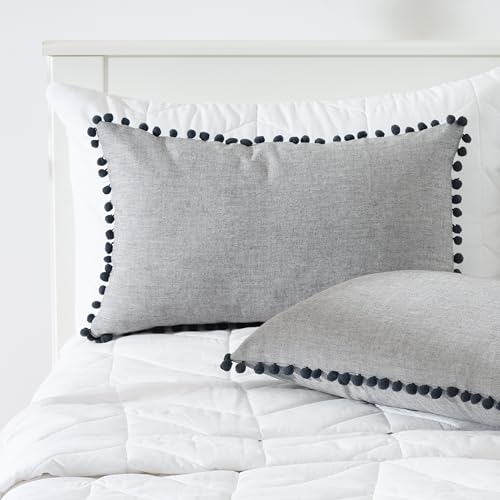 Image of 100% Cotton Pom Pom Cushion with Filler, Elegant & Modern Cushion Cover for Living Room, Rectangle, 12 inchx20 inch, uni Chambray, Set of 4 - Charcoal Grey