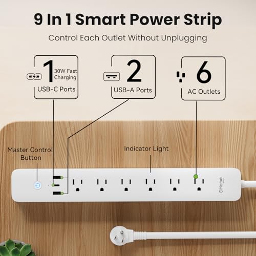 Image of GHome Smart Power Strip with Energy Monitoring, 6 WiFi Outlets & 30W USB-C Fast Charging, Works with Alexa & Google Home, Flat Plug Surge Protector, 2.4GHz WiFi Only, No Hub, 7.2ft Extension Cord