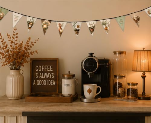 Image of Pumpkin Spice Coffee Bar Fall Banner, 12 Triangle Burlap Look Pennant Garland, Cozy Autumn Coffee Station Decor, Farmhouse Kitchen, Cafe, Thanksgiving Home Decorations, 13 ft