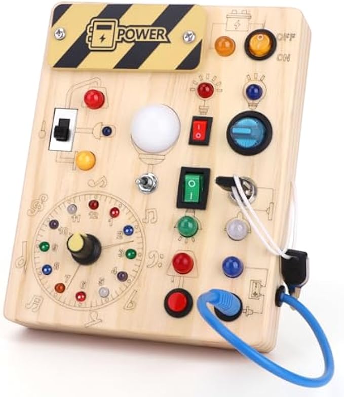 Montessori Toys Clock Wooden Busy Board with 11 LED Light switches, Tooddler Toys Sensory Toys Travel Toys for 1+ Year Old Baby and Toddler