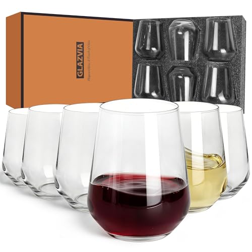 GLAZVIA Stemless Wine Glasses Set of 6 435ml Clear Drinking Glassware Dishwasher Safe Wine Glass Tumblers for Red or White Gift for Party Holiday Anniversary Restaurant Home Bar Daily Use
