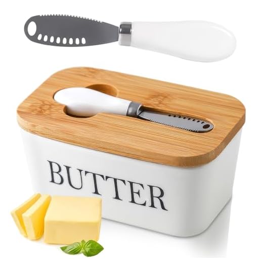 POWZOO Mantequillera de Porcelana con Cuchillo y Tapa,recipiente para mantequilla de alta calidad,Mantequera hermética con Anillo de Silicona,Puede contener 250g,para Todo Tipo de Mantequilla(blanco)