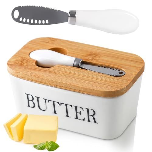 POWZOO Beurrier en Porcelaine, 250g Conteneur de Beurre,Boîte à Beurre avec Couvercle et Couteau...