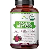 Zazzee USDA Organic Beet Root 20:1 Extract, 60 Vegan Quick Release Capsules, 2 Month Supply, Nitric Oxide Support, Black Pepper Extract for Enhanced Absorption, Certified Kosher, Non-GMO, Made in USA