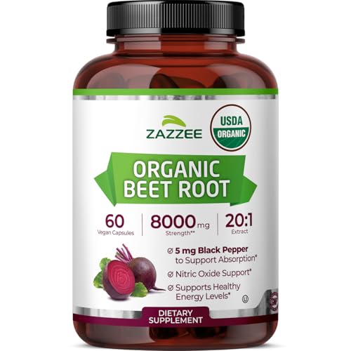 Zazzee USDA Organic Beet Root 20:1 Extract 60 Vegan Quick Release Capsules 2 Month Supply Nitric Oxide Support Black Pepper Extract for Enhanced Absorption Certified Kosher Non-GMO Made in USA