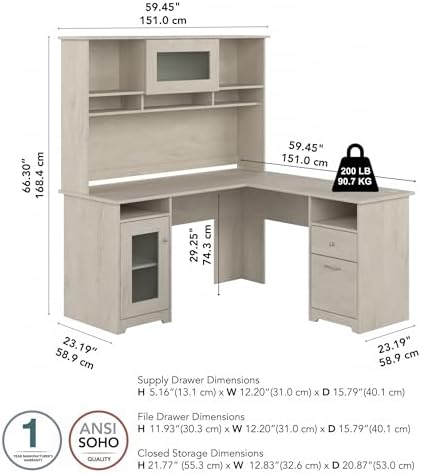Bush Home Cabot L Shaped Desk with Hutch, Corner Desk with Storage for Home Office in Linen White Oak, 60W L Shaped Computer Desk - 2