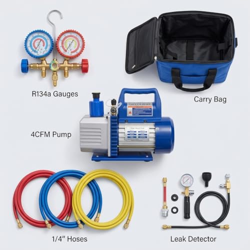 Kit de bomba de vacío de una etapa de 4 CFM con manómetro para R134a y detector de fugas, kit de herramientas HVAC para refrigeración AC certificado ETL, color azul miniatura 5