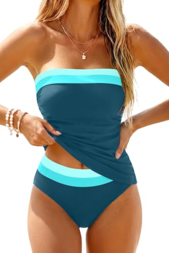 Image of Daci Women Strapless Tankini Tummy Control 2 Piece Bandeau Swimsuit | Full Coverage,Removable&Adjustable Straps,Built-in Soft Unremovable Bra,Ruched Tummy Control,Mid Waist Bottom,Fully Lined