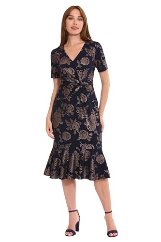 Image of London Times Women's V-Neck Dress - Flounce Hem, Twist Waist, Elegant Office & Event Wear
