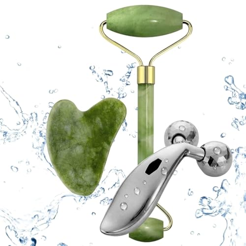 Image of MAXXOX 3-in-1 Facial Roller & Gua Sha Set - Natural Jade Roller, Heart-Shaped Gua Sha, and 3D Metal V-Line Lifting Massager for Face, Neck & Eye - Anti-Aging & Skin Tightening Skincare Kit