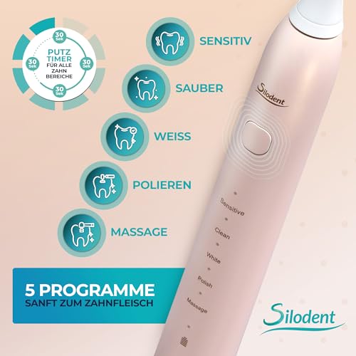 Silodent Schallzahnbürste Champagne. Testsieger-100 Tage risikofrei testen. Einzige elektrische Zahnbürste mit antiseptischen Borsten. Premium Zahnbürste, 5 Programme, Power-Batterie & Reiseetui – Bild 7