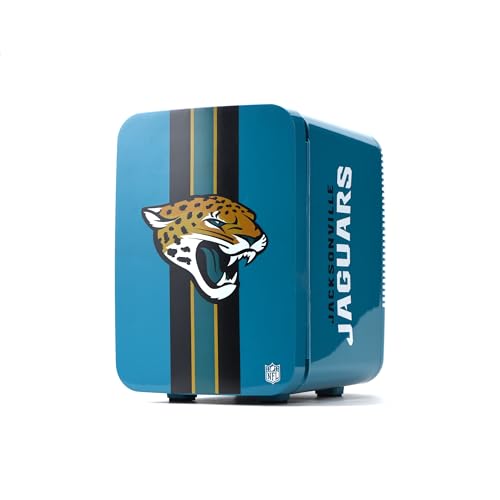 Image of Ukonic NFL Jacksonville Jaguars 15-Can Mini Fridge 10L - AC /DC Powered, Official Team Colors & Logo, Portable Cooler for Tailgates, Home, Office, or Car