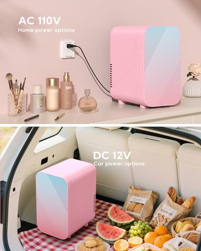 Image of BEICHEN Mini Fridge, 6 Liter /8 Can Skincare Fridge, 110V AC /DC Portable Thermoelectric Cooler & Warmer for Skin Care, Cosmetics, Beverage, Food, Great for Bedroom, Office, Dorm (Pink)
