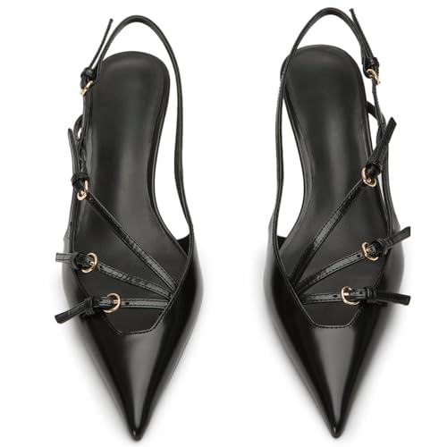 Yishaweiqi Slingback Kitten Heels for Women Buckle Straps Slip On Pointed Toe Heels Back Strap Heeled Sandals Comfortable Dress Pumps Shoes3