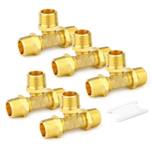 Image of GASHER 5PCS Brass Male Tee Pipe Fitting T Adapter, 3 Way Brass Fitting 1 /2 inch x 1 /2 inch x 1 /2 inch NPT T Fitting