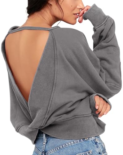 ReachMe Womens Open Back Workout Tops Backless Long Sleeve Athletic Shirts Crop Running Yoga Going Out Outfits(0 Dark Grey,M)
