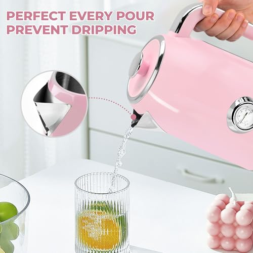 Image of SUSTEAS Electric Kettle - 57oz Hot Tea Water Boiler with Thermometer, 1500W Fast Heating Stainless Steel Pot, Cordless LED Indicator, Auto Shut-Off & Boil Dry Protection, Pink