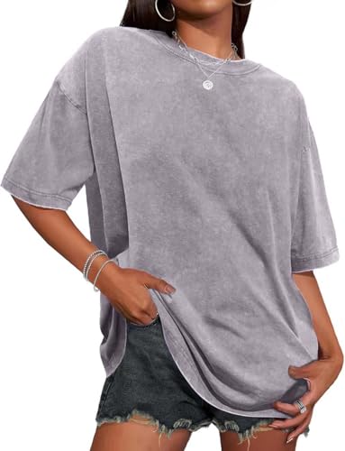 Oversized Tshirts for Women Short Sleeve Crew Neck Vintage Washed Basic Loose Casual Tees Pure Grey L