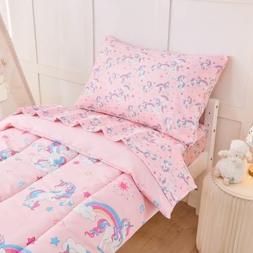 Image of lasoftan Pink Unicorn Toddler Bedding Set for Girls, 4 Piece Bed-in-a-Bag Toddler Comforter Sets, Super Soft and Comfortable Microfiber Todeeler Bed Set