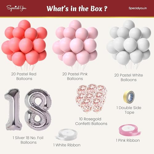 Image of SpecialYou.in Rubber Birthday Decoration Kit For Girls With Pastel Red, Pink & White Balloons For Decoration, 18 Birthday Decoration Items, Pinterest Finds Aesthetic Birthday Decor - 74 Pcs