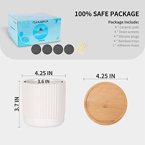Tamaykim 4.25 Inch Cylinder Ceramic Succulent Planters, Vertical Striped Modern Small Plant Pots With Drainage Holes And Saucer For Aloe, Snake Plants, Cactus & Herbs, Indoor Decor #TOP1