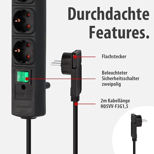 Brennenstuhl Comfort-Line Plus Steckdosenleiste 6-Fach (Mehrfachsteckdose mit Flachstecker, Schalter, 2m Kabel und extra breite Abstände der Steckdosen) schwarz