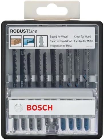 Bosch Professional 10-częściowy zestaw brzeszczotów do wyrzynarek w opakowaniu Robust (do drewna, metalu, laminatu, płyty meblowej, Akcesoria do wyrzynarek z uchwytem T)