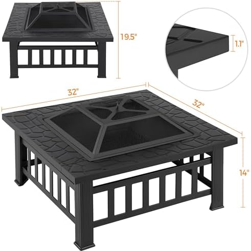 Yaheetech Multifunctional Fire Pit Table 32in Square Metal Firepit Stove Backyard Patio Garden Fireplace for Camping, Outdoor Heating, Bonfire and Picnic - 4